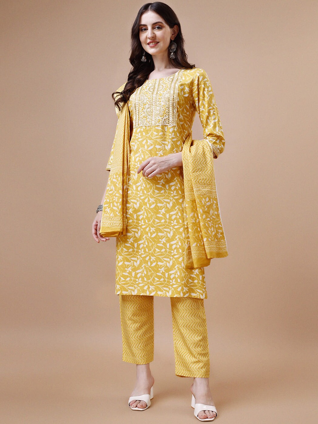 

KALINI Floral Printed Round Neck Mirror Work Pure Cotton Kurta With Trousers & Dupatta, Yellow