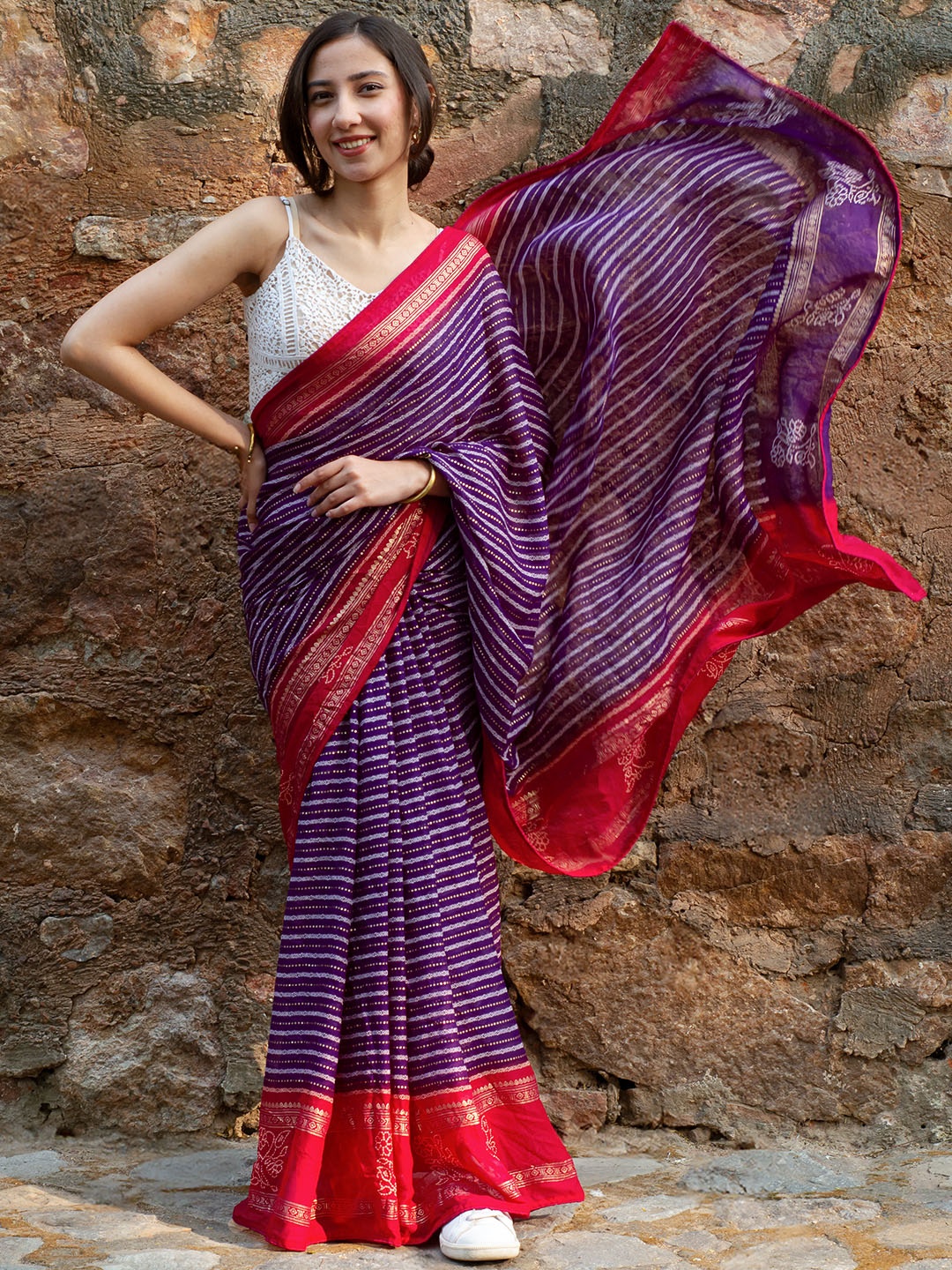 

Libas Bandhani Printed Pure Georgette Saree, Purple