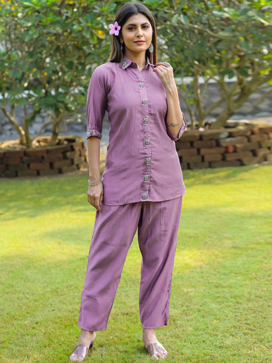 

Kiana Shirt Collar Embellishmed Shirt With Flared Trouser Co-Ords, Purple