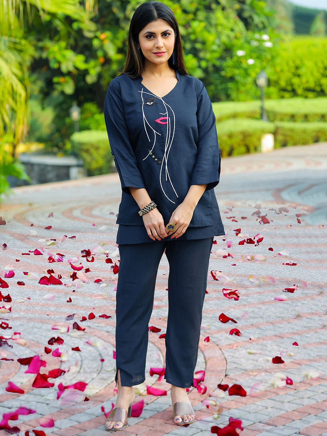 

Kiana House Of Fashion Embroidered Sik Co-Ords Set, Navy blue