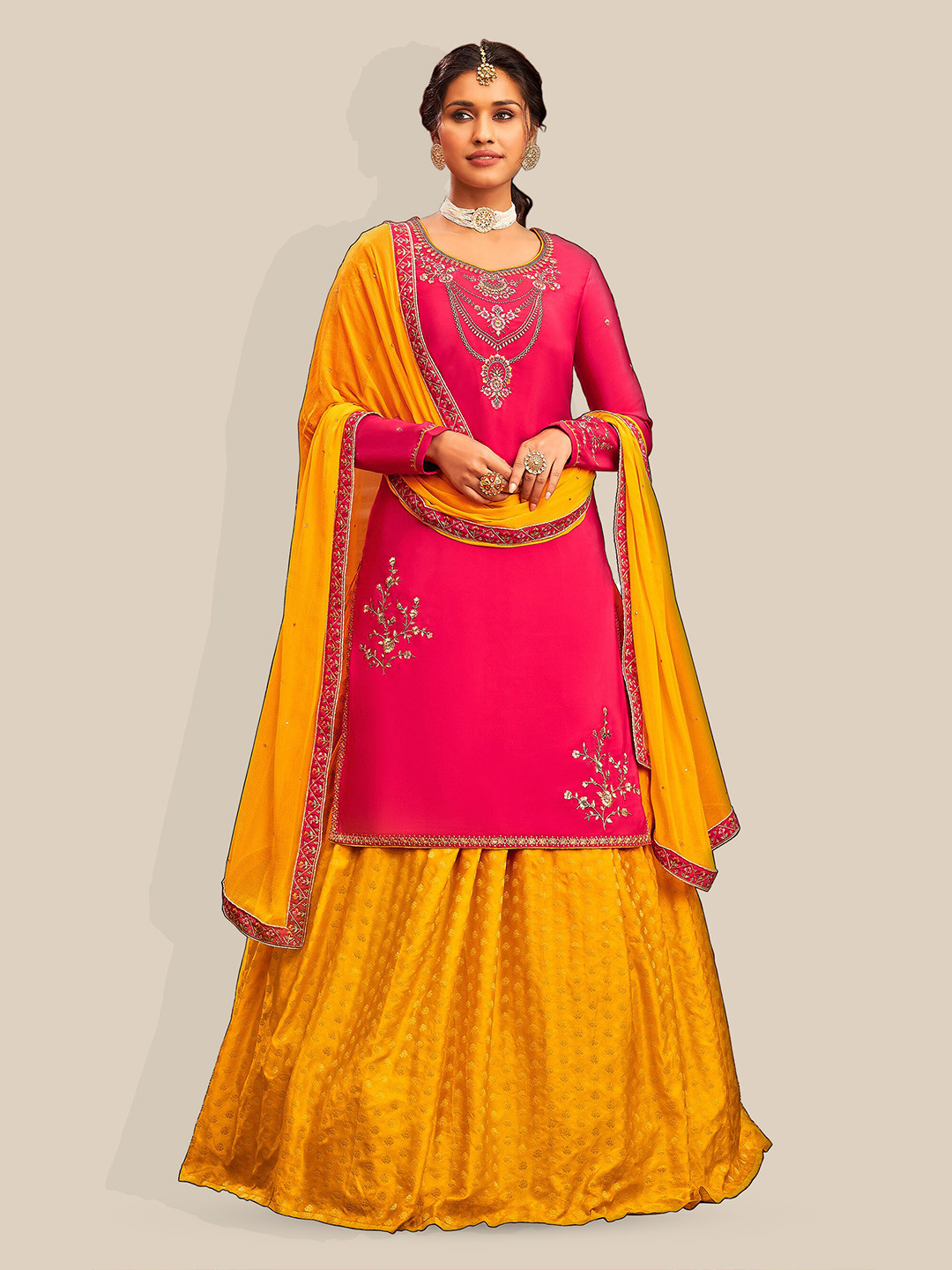 

UNITED LIBERTY Ethnic Motifs Embroidered Satin Semi-Stitched Dress Material, Pink