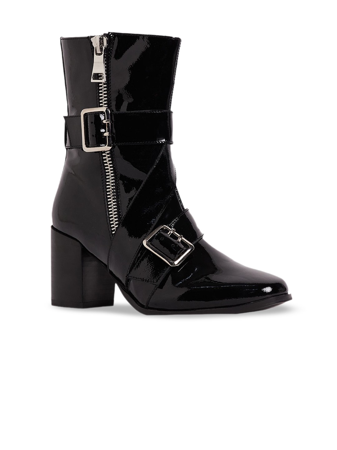 

Peach Flores Women Phoenix Buckle Detail Heeled Leather High-Top Chunky Boots, Black