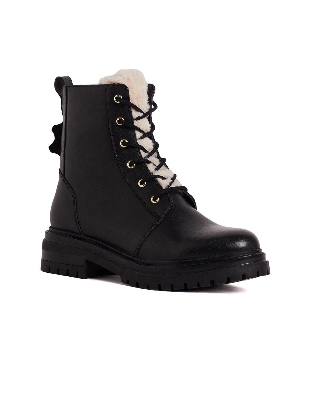 

Peach Flores Women Audrey Faux Fur Trim Leather Heeled Mid-Top Chunky Boots, Black
