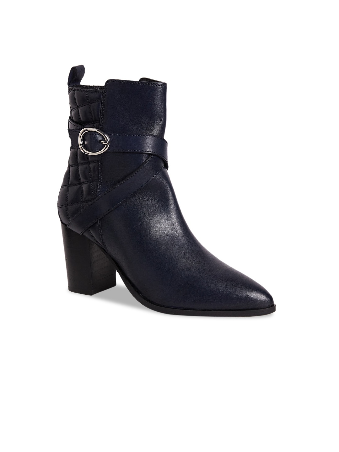 

Peach Flores Women Thea Quilted Buckle Detail Heeled Leather Chunky Boots, Navy blue