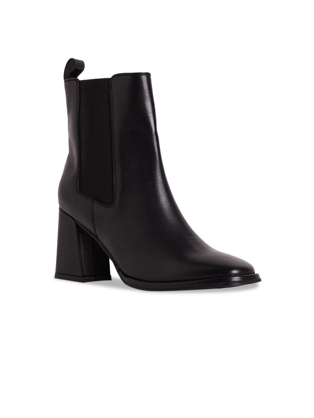 

Peach Flores Women Faith Heeled Leather Mid-Top Chunky Boots, Black