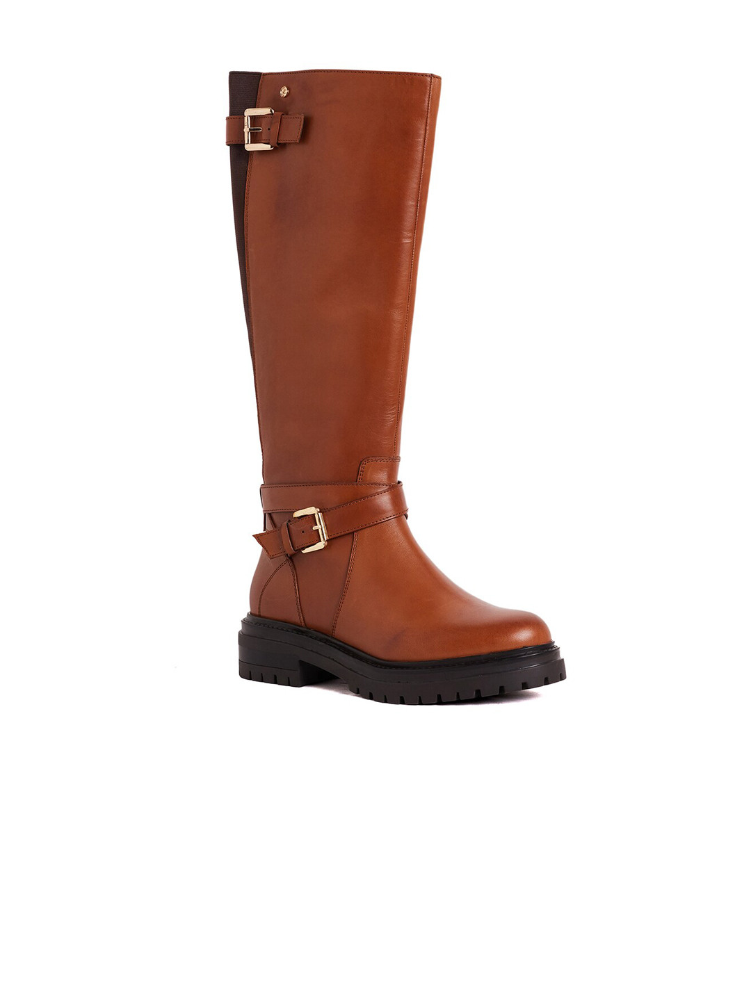 

Peach Flores Women Evelyn Buckle Detail Heeled Leather High-Top Chunky Boots, Tan