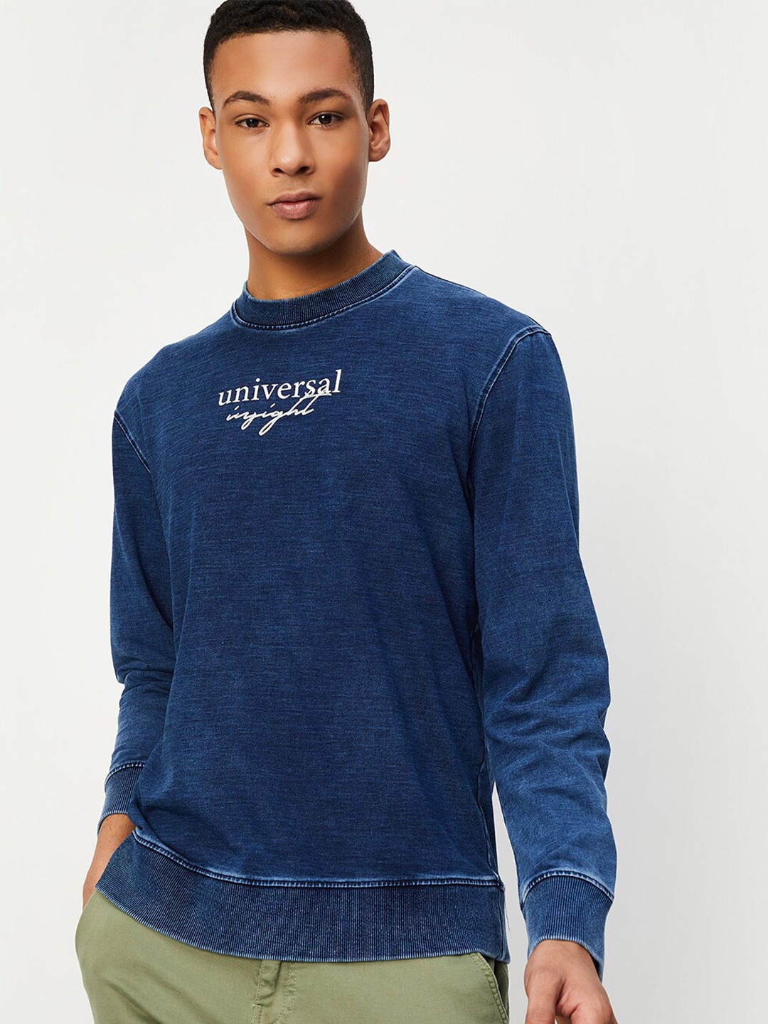 

max Typography Printed Pure Cotton Pullover, Blue