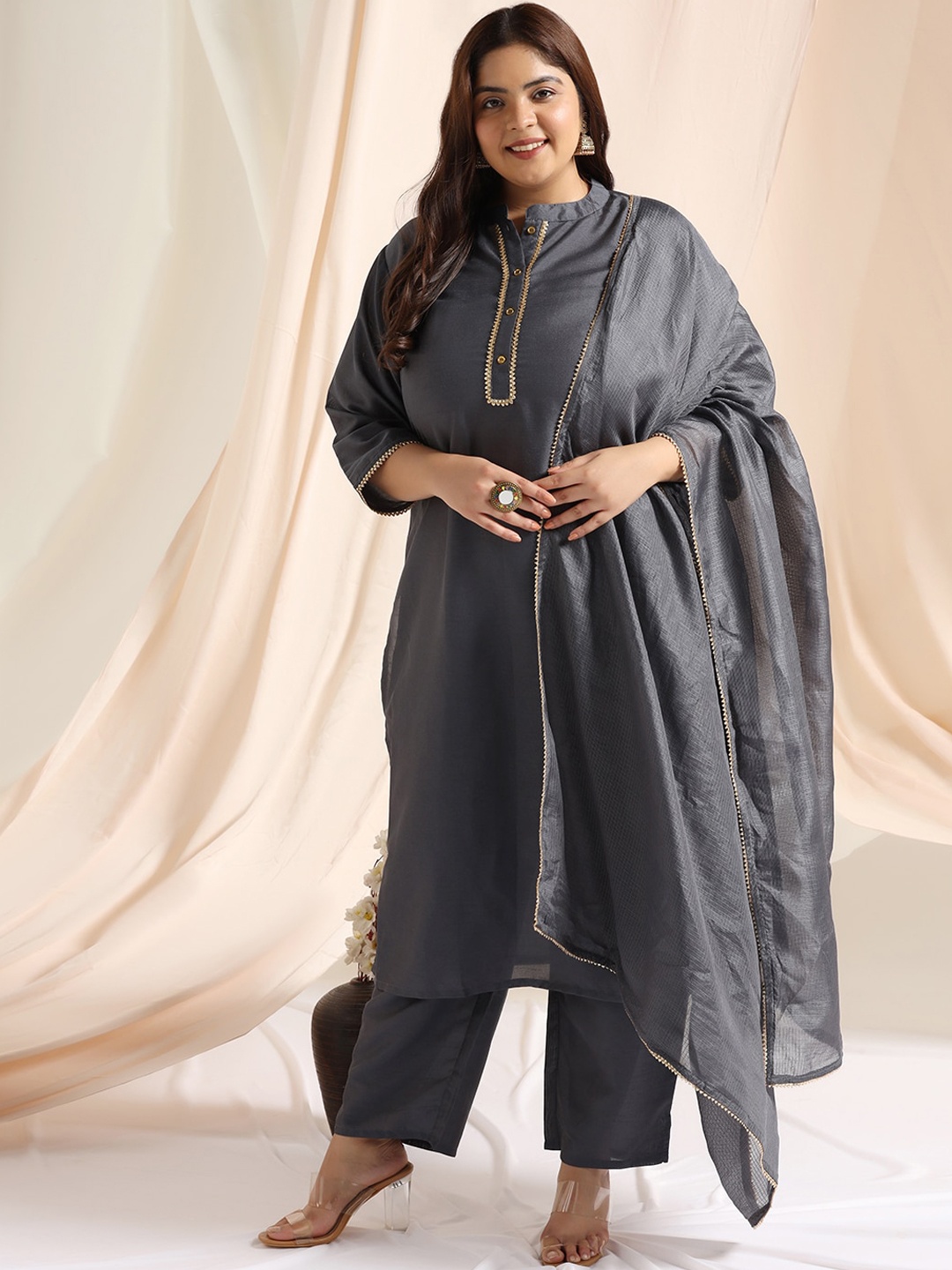 

FASHION DREAM Plus Size Straight Gotta Patti Kurta with Trousers & Dupatta, Grey