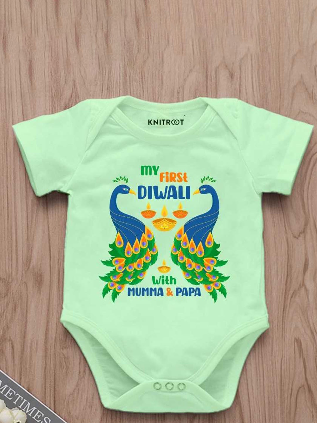 

KNITROOT Infants My First Diwali Printed Cotton Bodysuit, Green