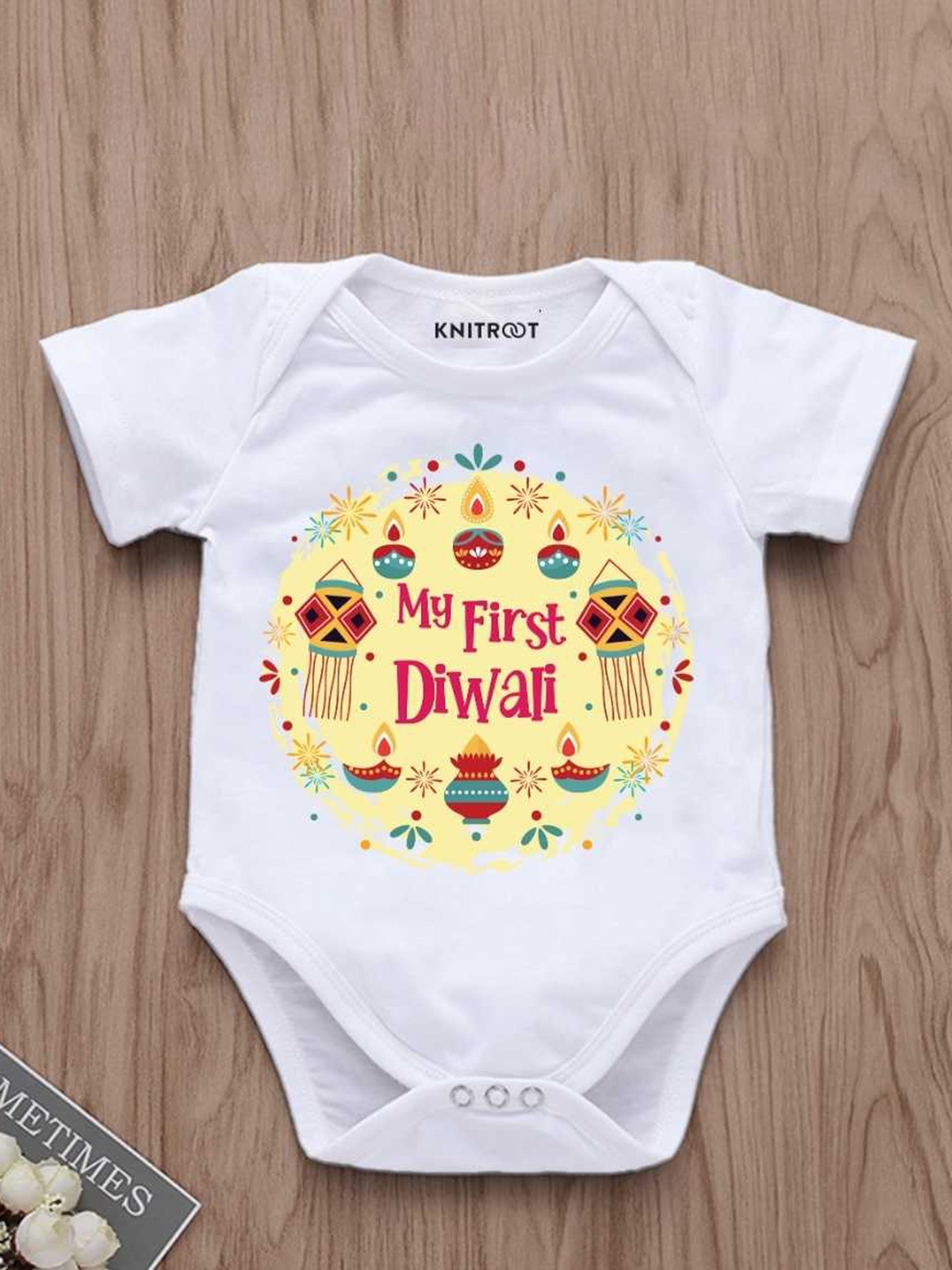 

KNITROOT Infants My First Diwali Printed Cotton Bodysuit, White