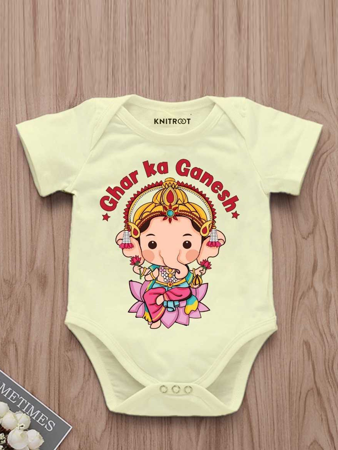 

KNITROOT Infants Ghar Ka Ganesh Printed Pure Cotton Bodysuit, Yellow