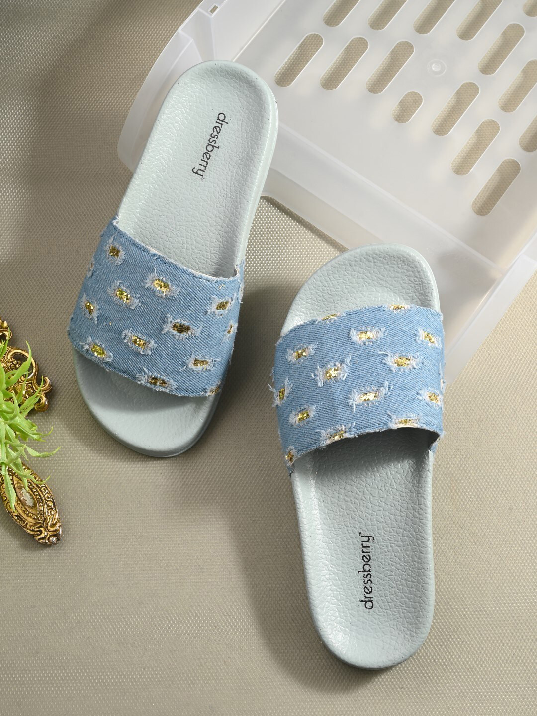 

DressBerry Women Blue & Green Denim Embellished Sliders