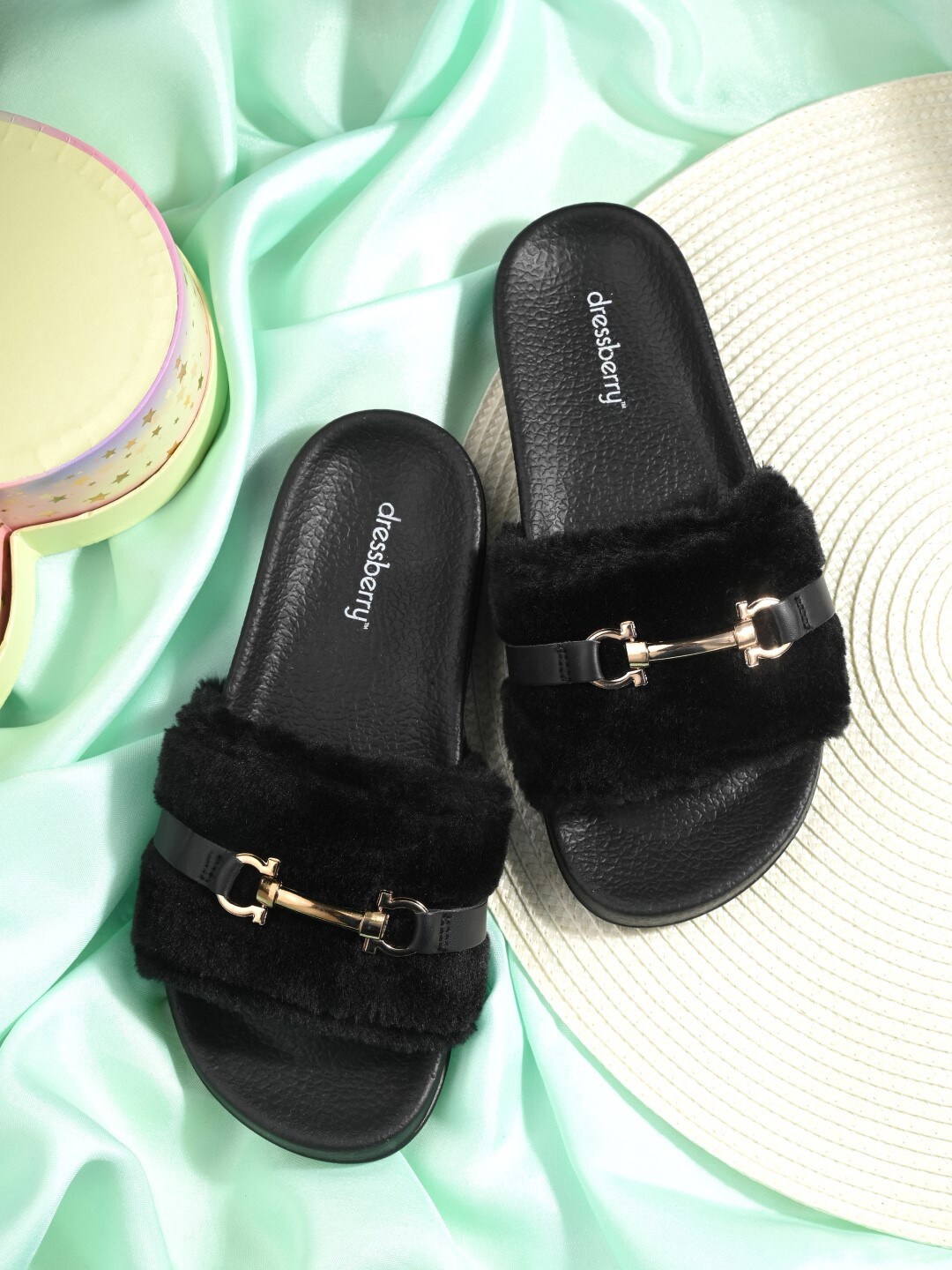 

DressBerry Women Black & Gold-Toned Embellished Velvet Sliders