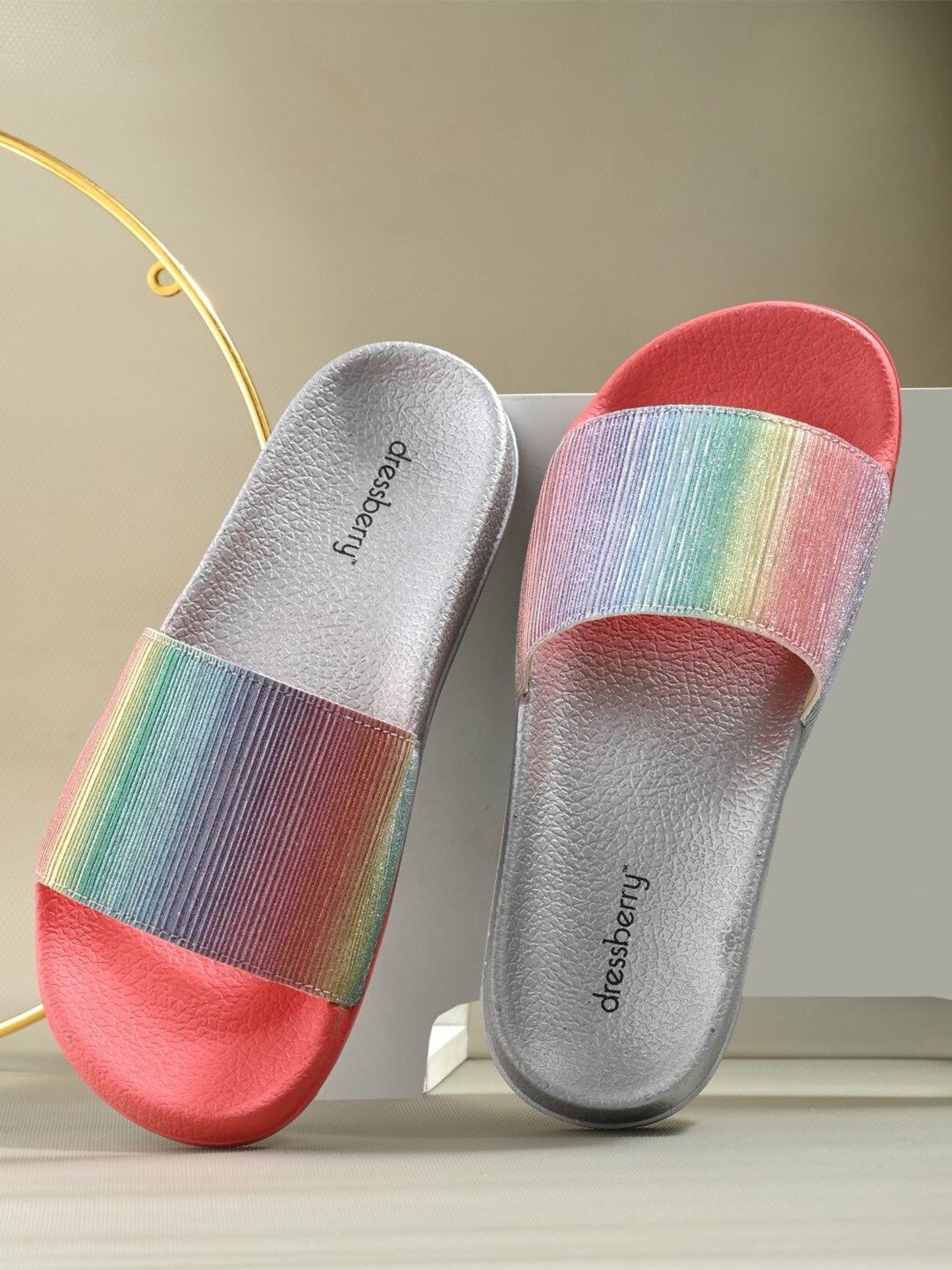 

DressBerry Women Silver-Toned & Pink Striped Sliders