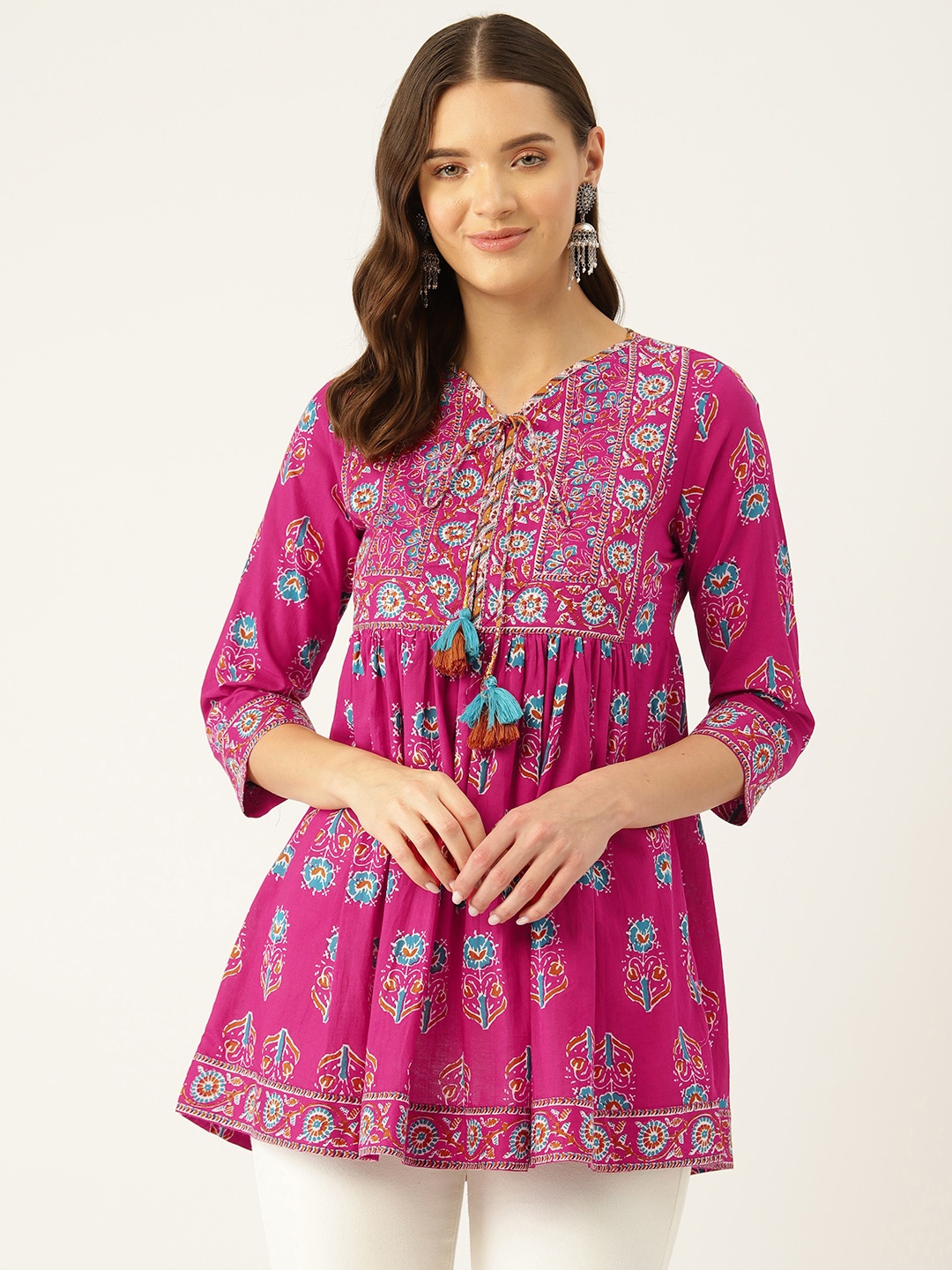 

Jaipur Morni Floral Printed Sequinned Pure Cotton Pleated Kurti, Pink