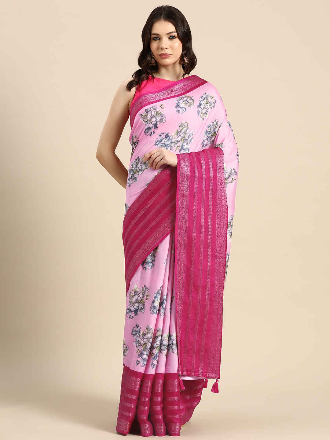 

Libas Floral Printed Zari Saree, Pink