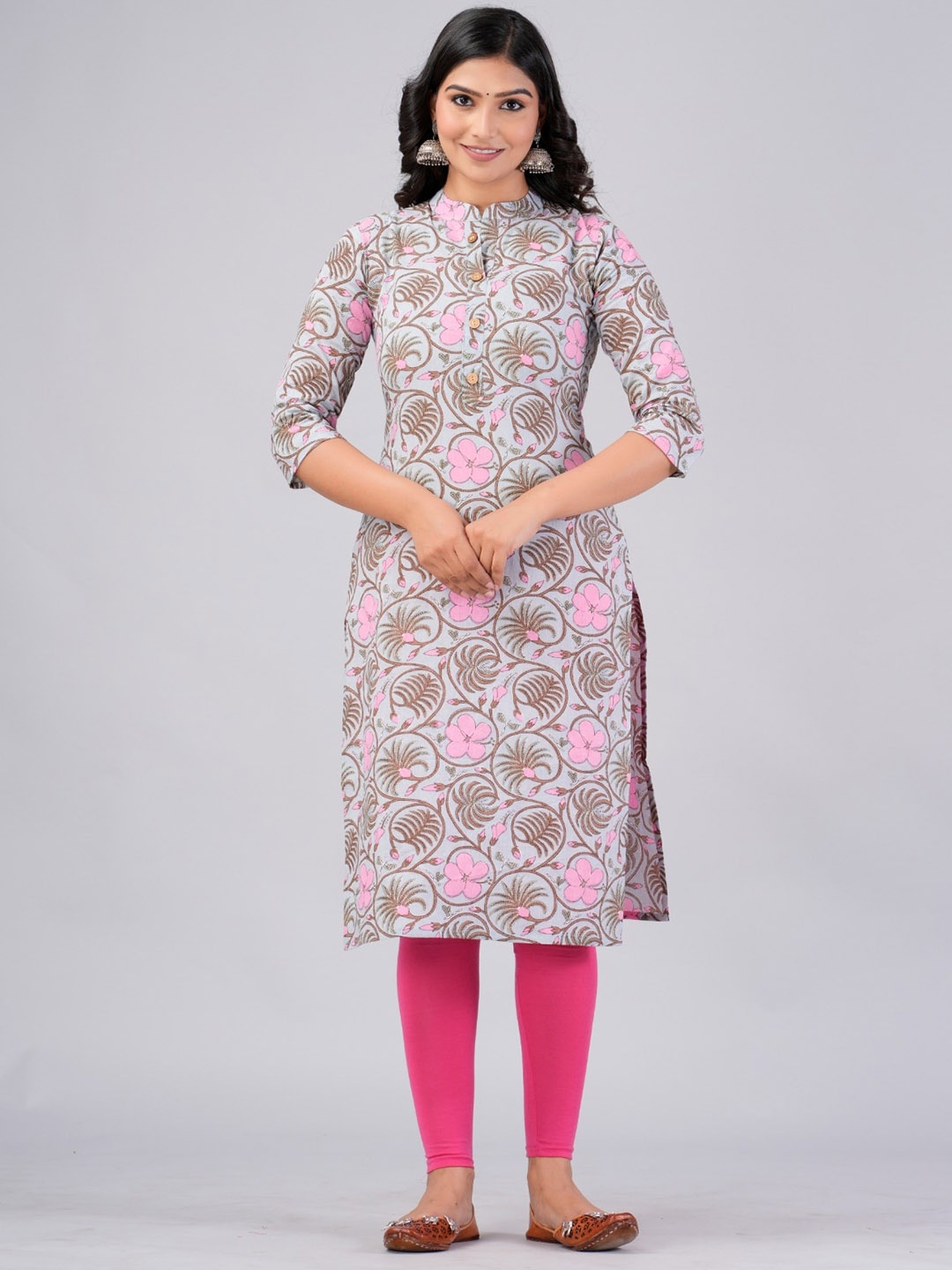 

MAUKA Floral Printed Mandarin Collar Pure Cotton Straight Kurta, Grey
