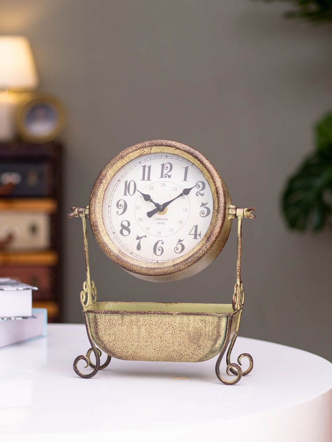 

THEDECORKART White & Gold-Toned Analogue Vintage Table Clock
