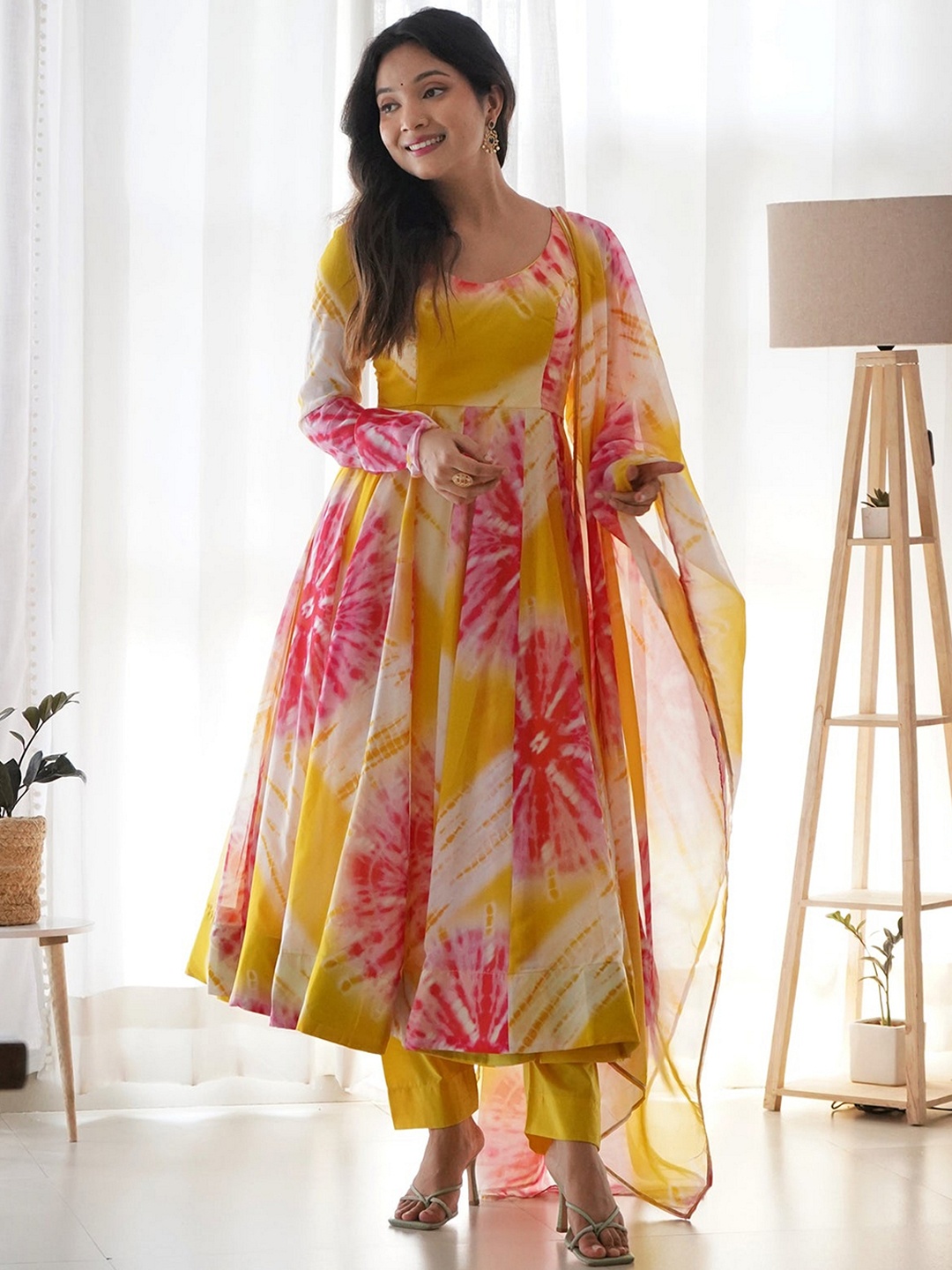 

KALINI Abstract Printed Empire Organza Kurta With Trousers & Dupatta, Yellow