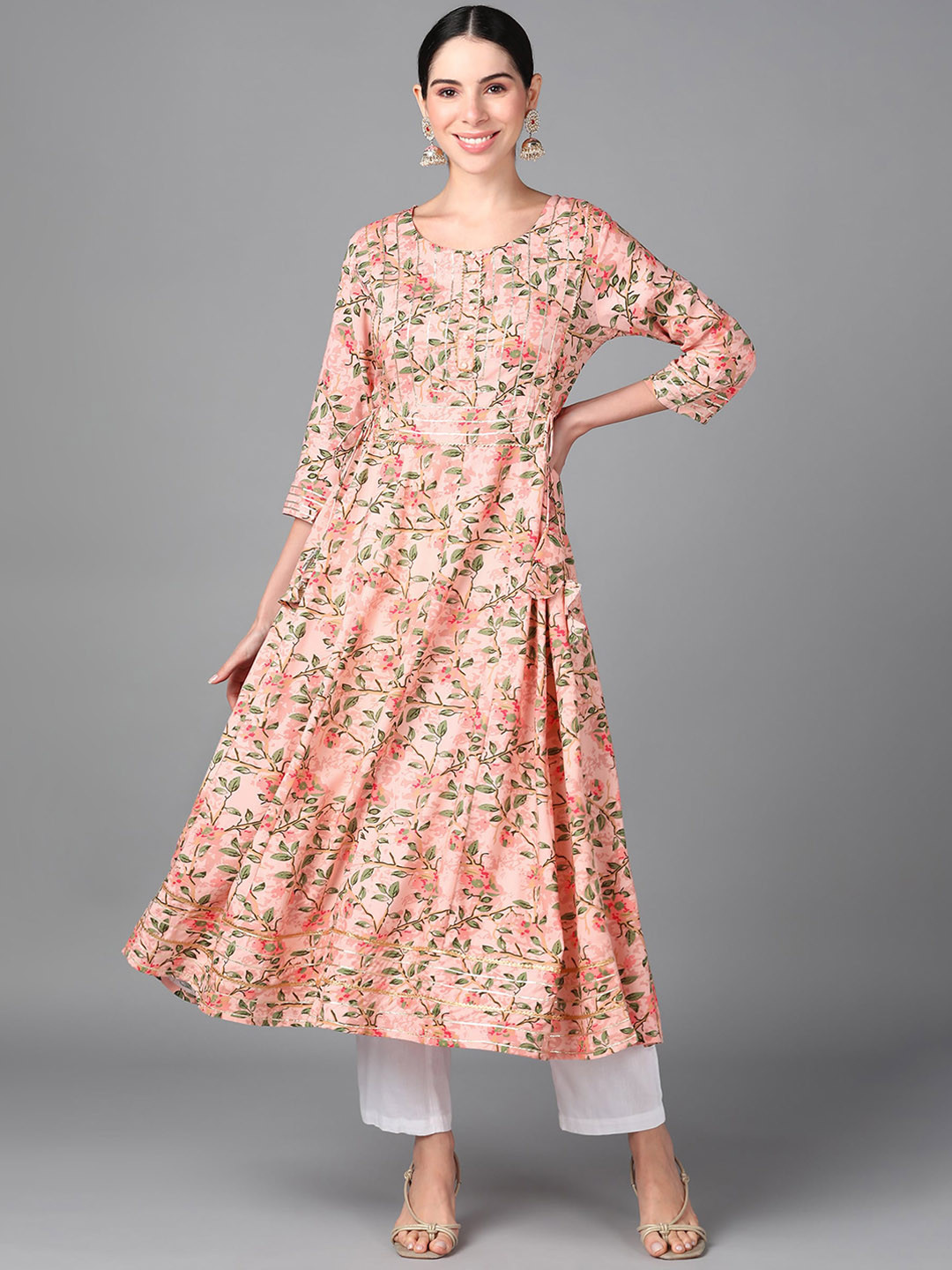 

KALINI Floral Printed Gottapatti A-line Kurta, Peach