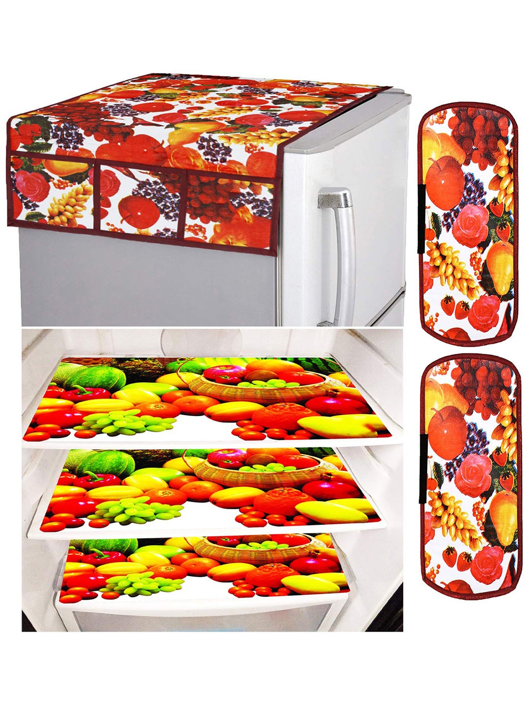 

Kuber Industries White & Red 6 Pieces Printed Fridge Top Cover With Handle Cover & Mats