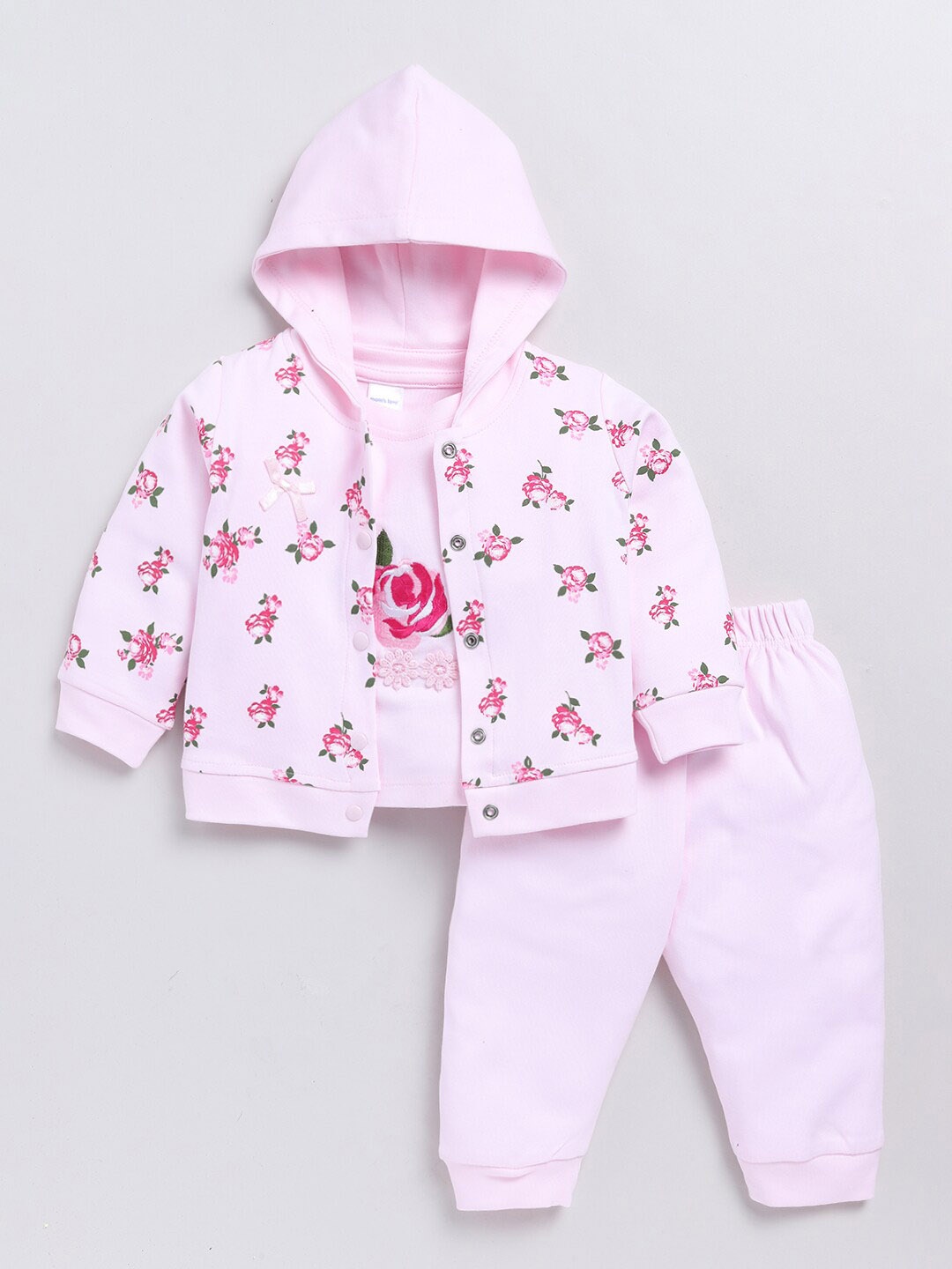 

Moms Love Infant Girls Embroidered T-shirt & Trouser With Jacket, Pink