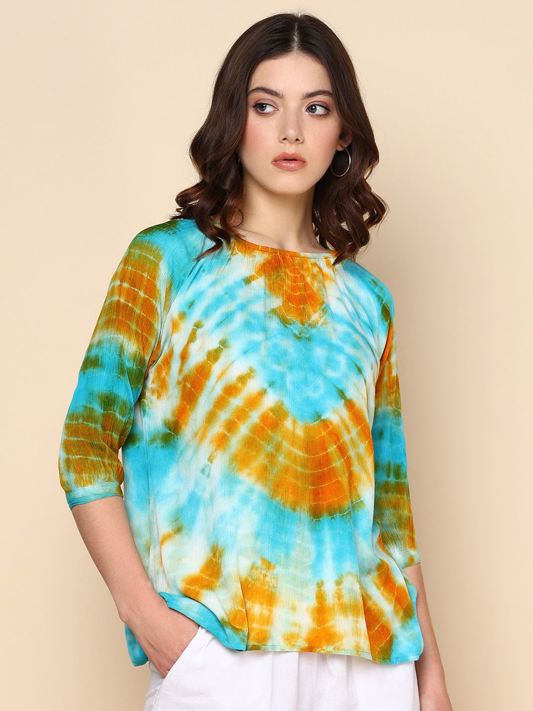 

Maaesa Tie & Dye Dyed Extended Sleeves Crepe Top, Blue