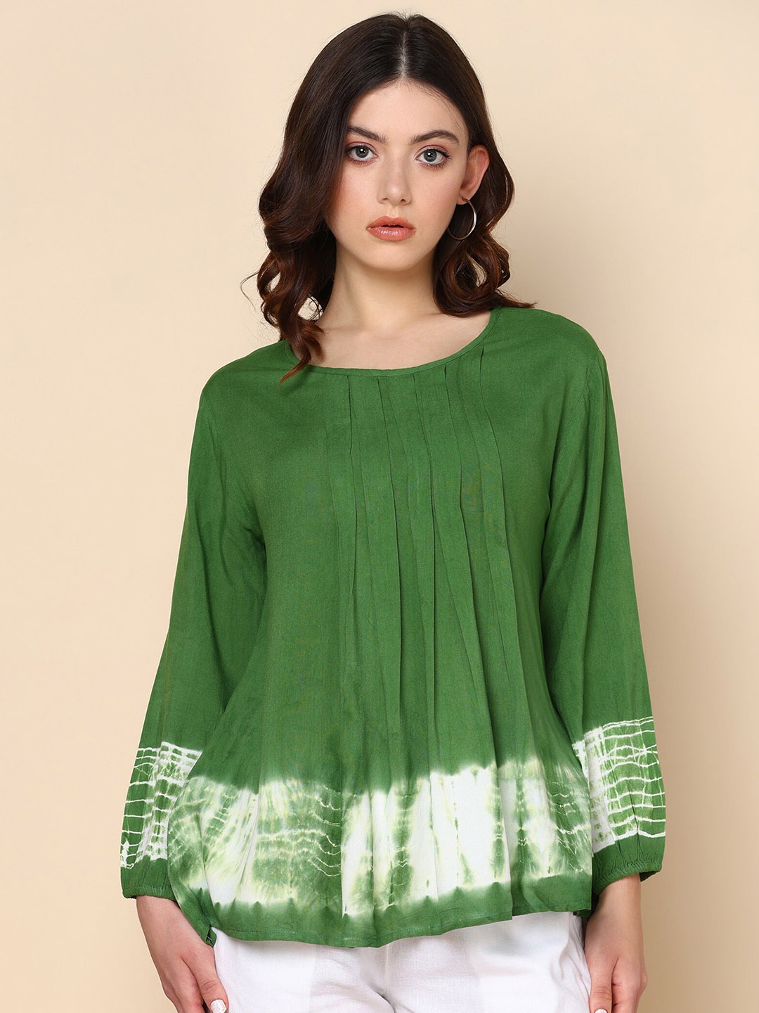 

Maaesa Tie and Dye Round Neck Crepe A-Line Top, Green