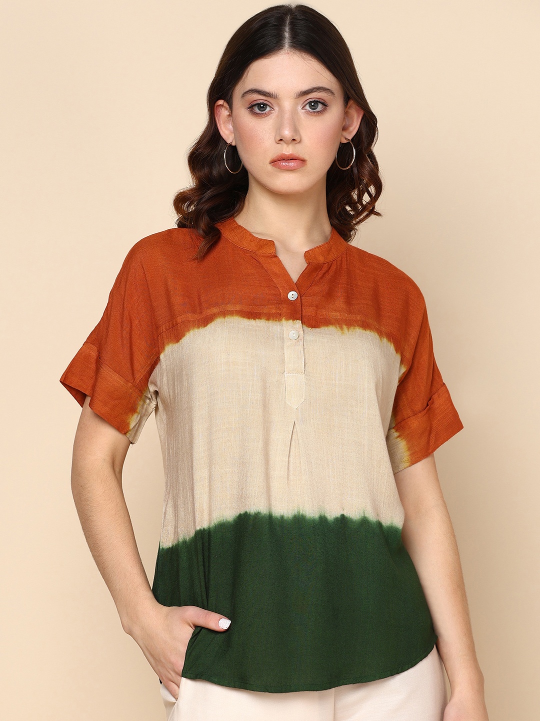 

Maaesa Colourblocked Mandarin Collar Crepe Top, Orange