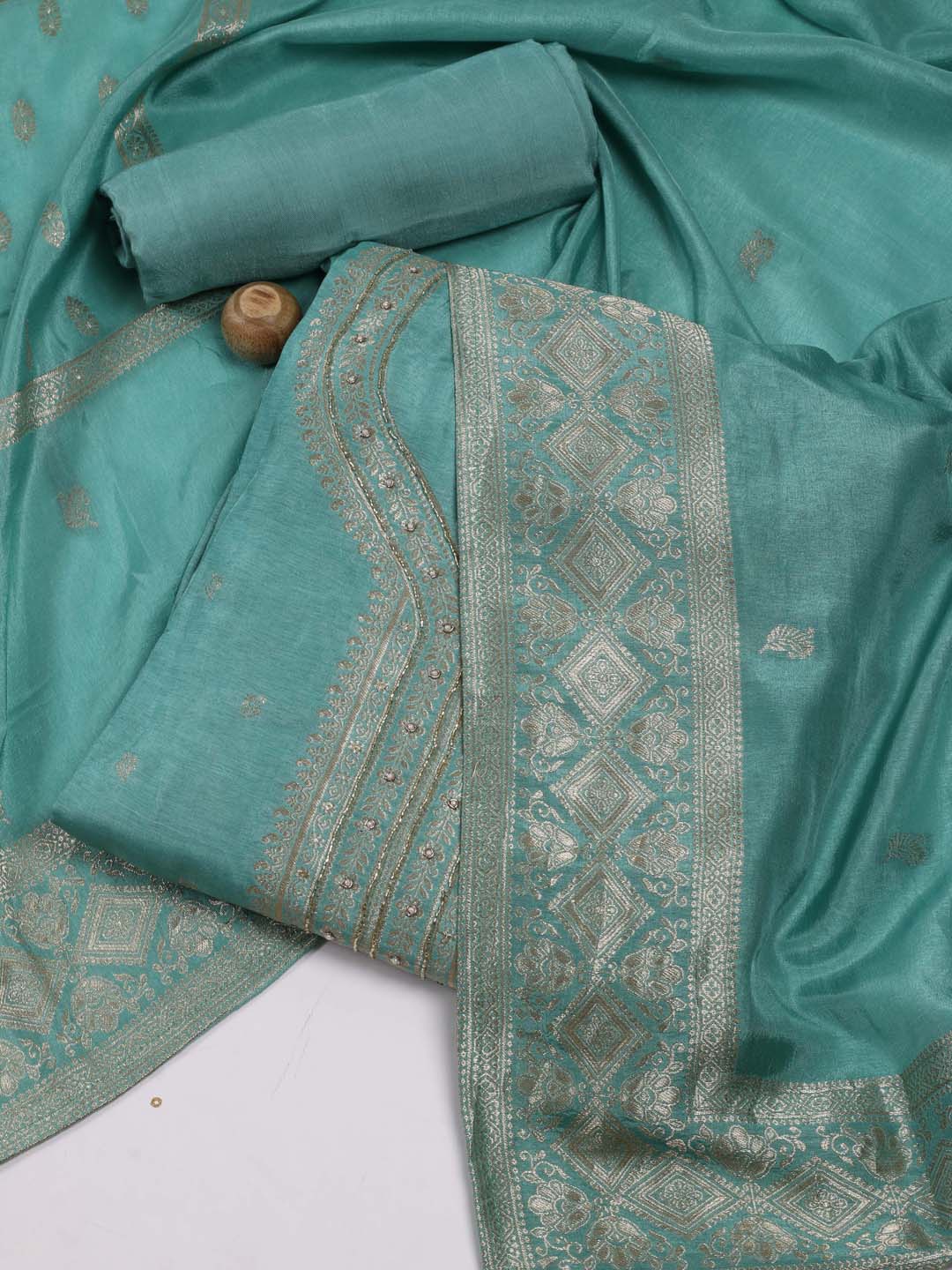 

Meena Bazaar Floral Woven Design Beads and Stones Unstitched Dress Material, Sea green