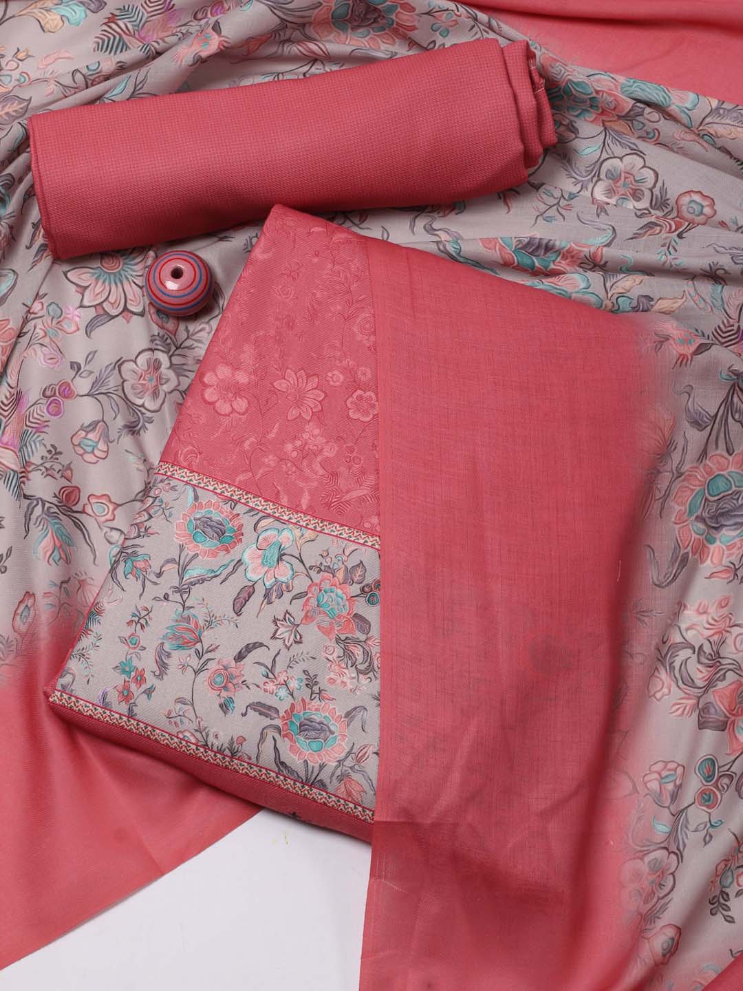 

Meena Bazaar Floral Printed Unstitched Dress Material, Coral