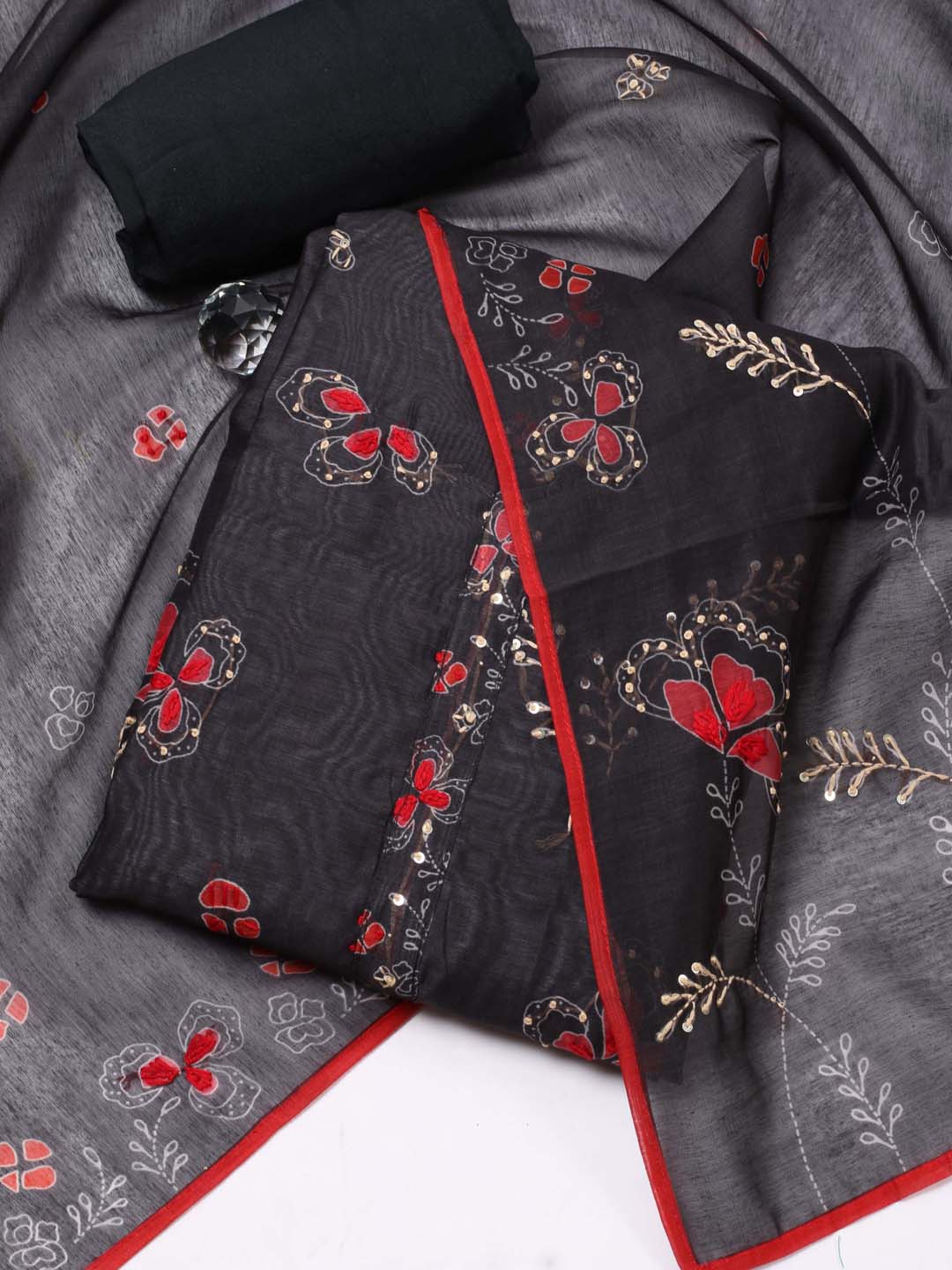 

Meena Bazaar Floral Printed Sequinned Unstitched Dress Material, Black
