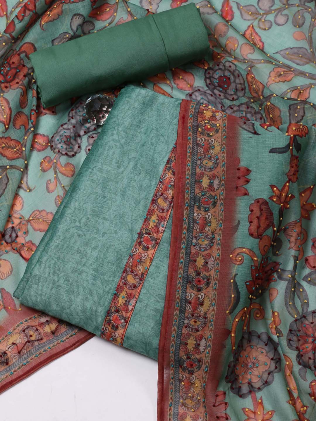 

Meena Bazaar Floral Printed Unstitched Dress Material, Sea green