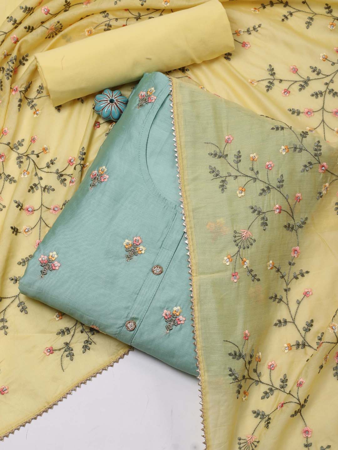 

Meena Bazaar Floral Embroidered Gotta Patti Unstitched Dress Material, Sea green