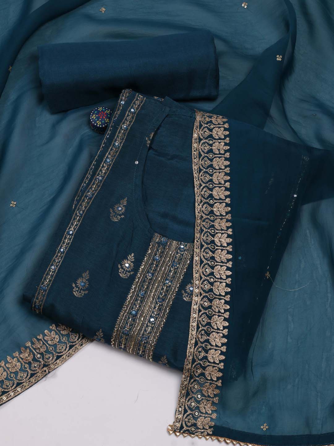 

Meena Bazaar Floral Embroidered Zari Unstitched Dress Material, Teal