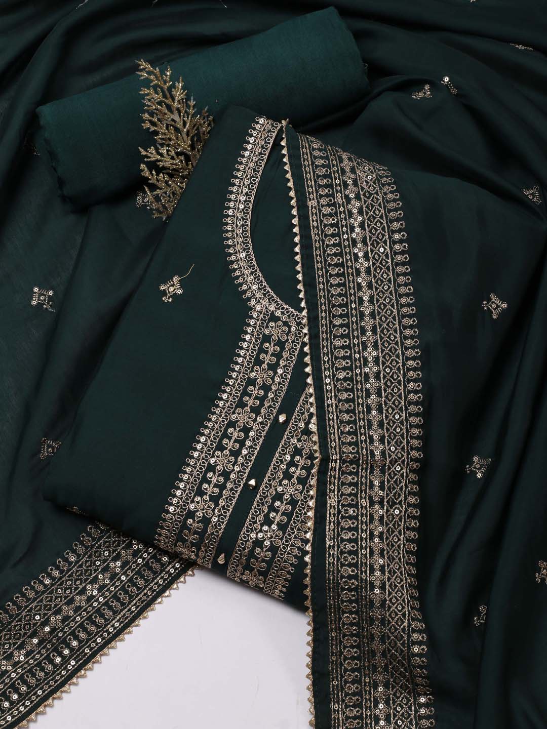 

Meena Bazaar Floral Embroidered Sequinned Unstitched Dress Material, Green