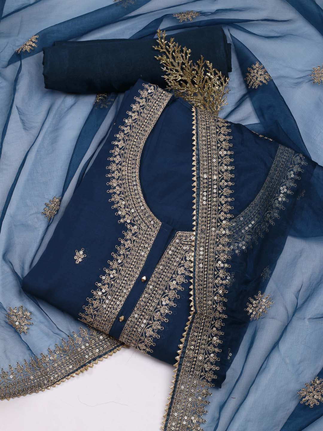 

Meena Bazaar Ethnic Motifs Embroidered Sequinned Unstitched Dress Material, Blue