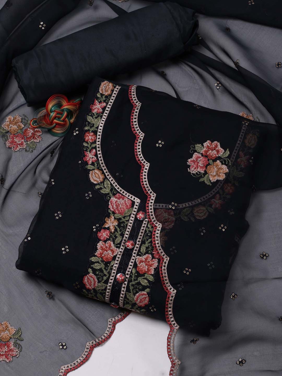 

Meena Bazaar Floral Embroidered Organza Unstitched Dress Material, Navy blue