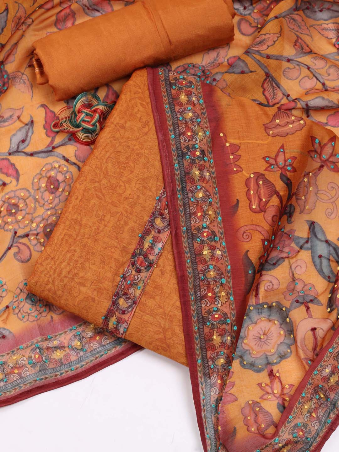 

Meena Bazaar Floral Printed Unstitched Dress Material, Mustard