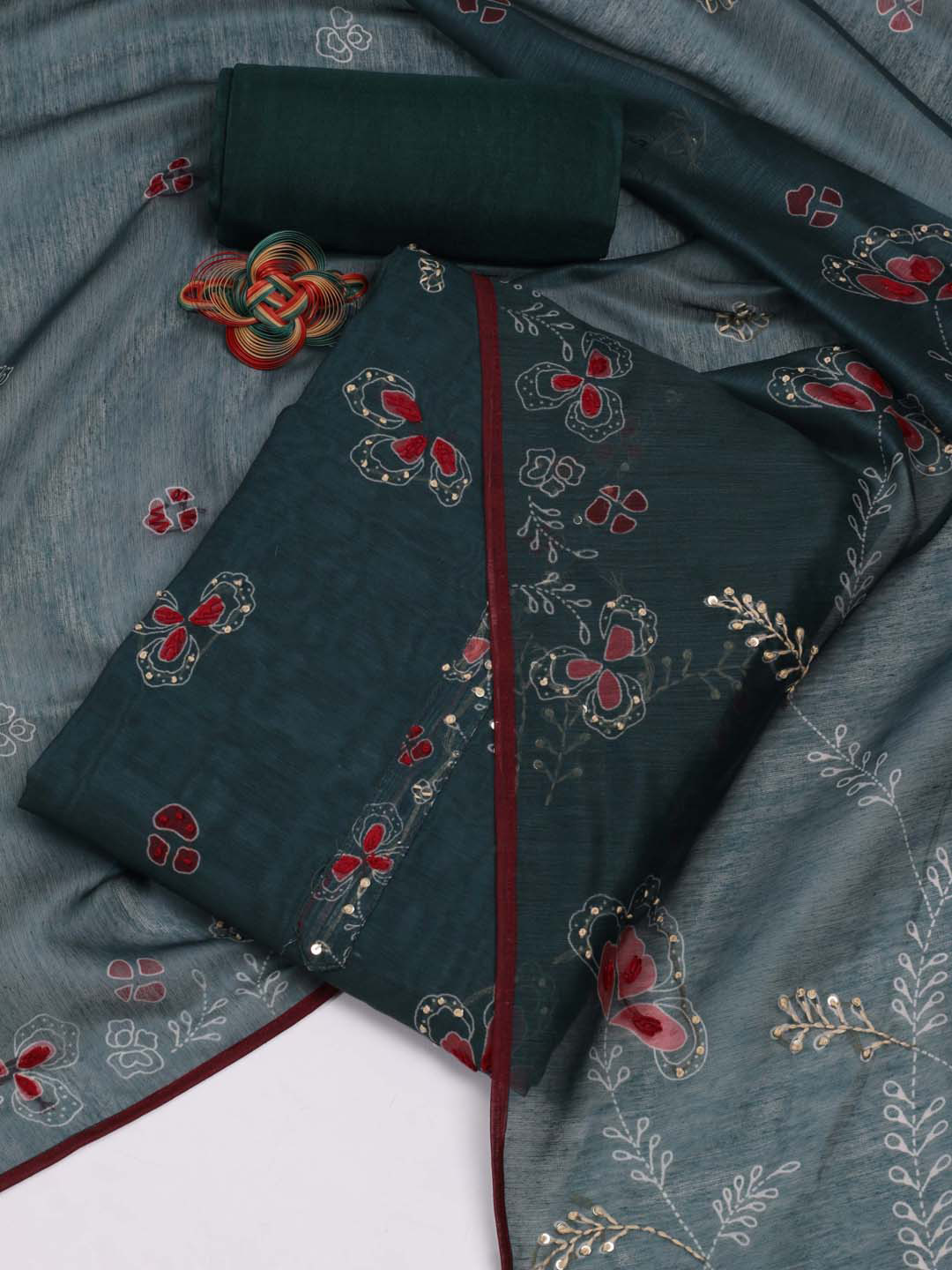 

Meena Bazaar Floral Printed Beads & Stones Detailed Unstitched Dress Material, Green