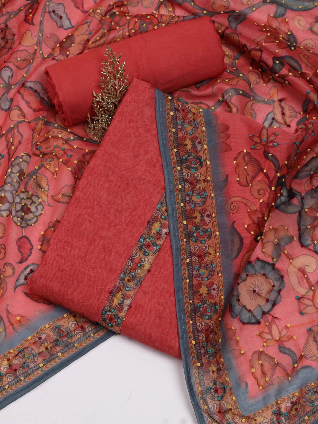 

Meena Bazaar Ethnic Motifs Printed Unstitched Dress Material, Coral