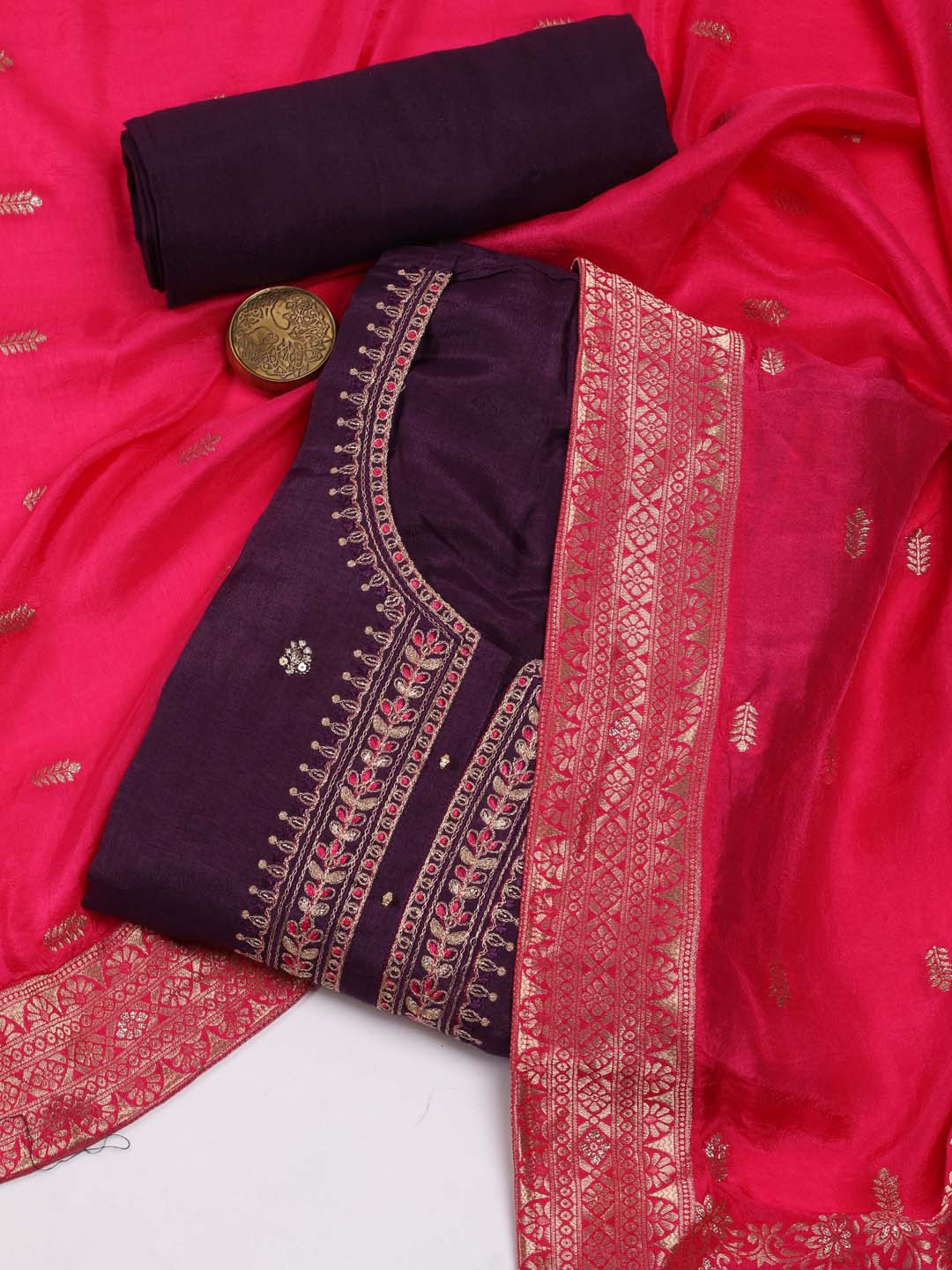 

Meena Bazaar Floral Embroidered Art Silk Unstitched Dress Material, Purple