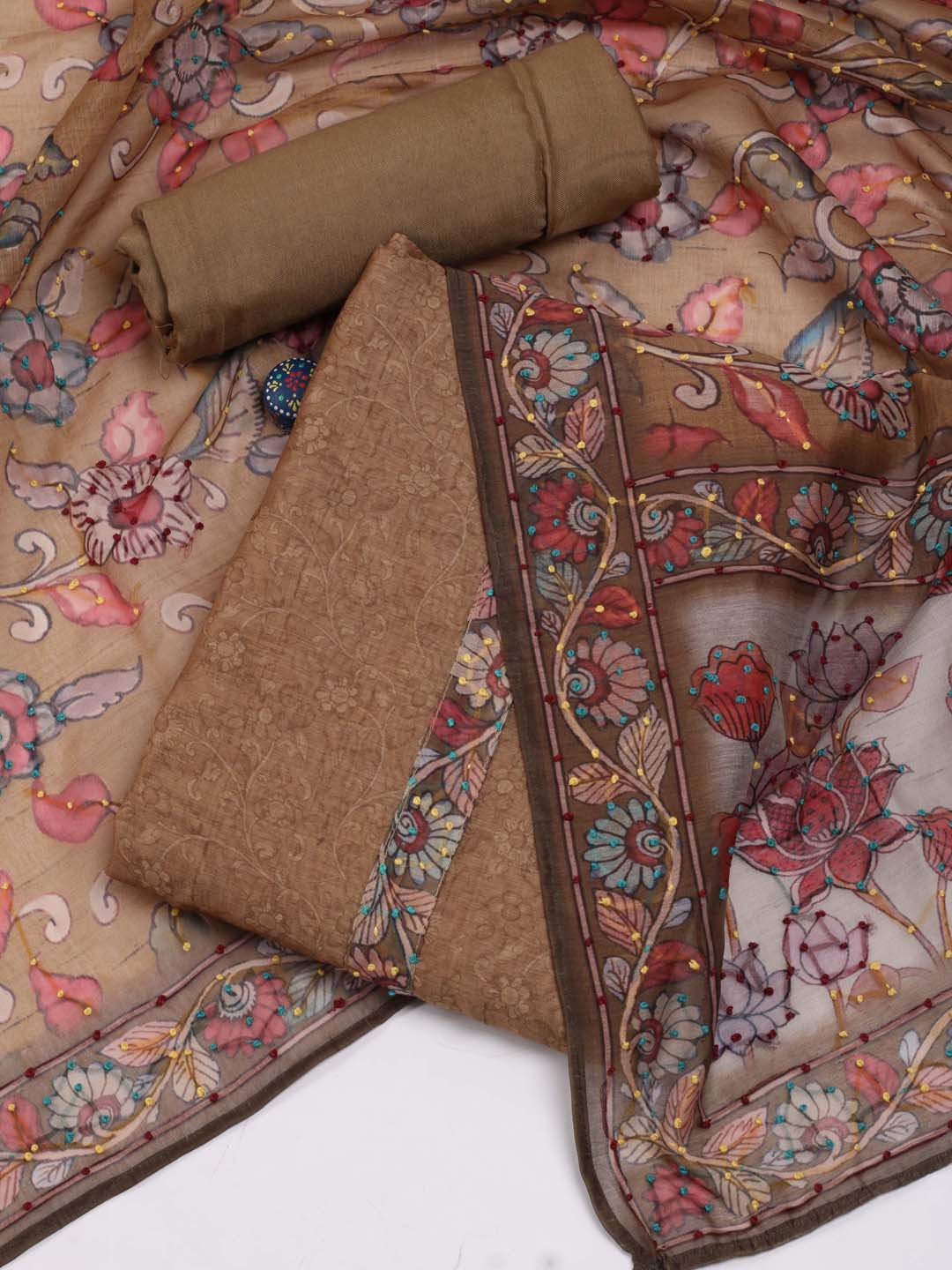 

Meena Bazaar Floral Printed Unstitched Dress Material, Beige