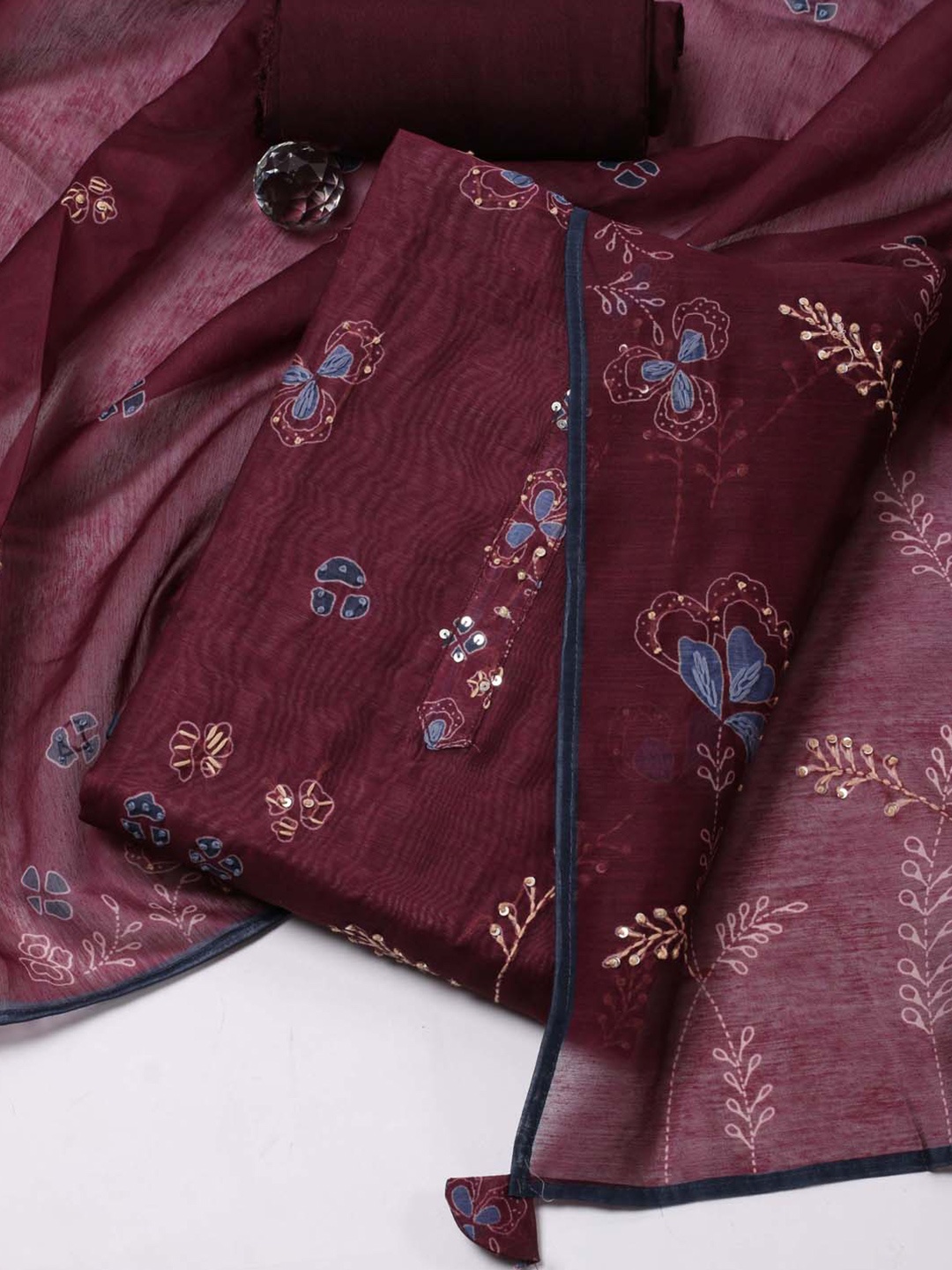 

Meena Bazaar Floral Printed Unstitched Dress Material, Burgundy