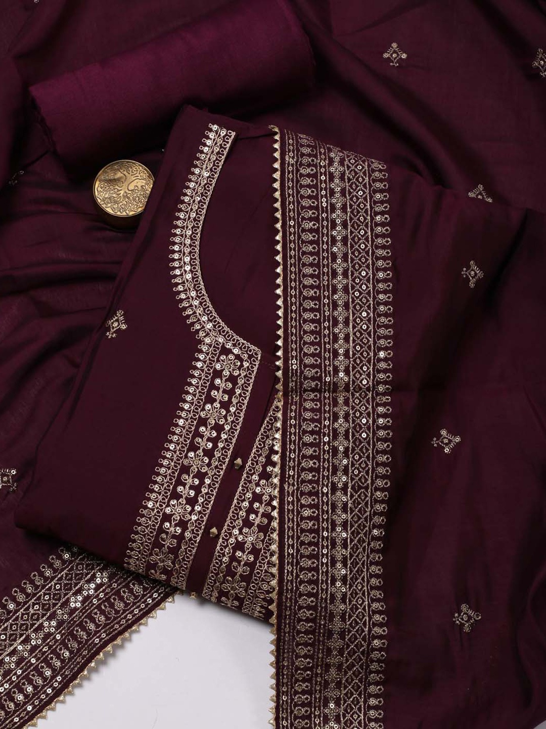 

Meena Bazaar Ethnic Motifs Embroidered Sequinned Unstitched Dress Material, Purple