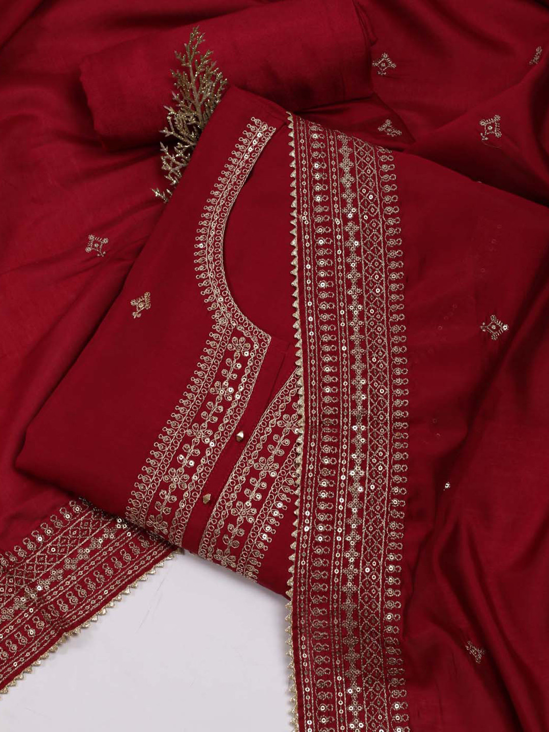 

Meena Bazaar Ethnic Motifs Embroidered Sequinned Unstitched Dress Material, Maroon