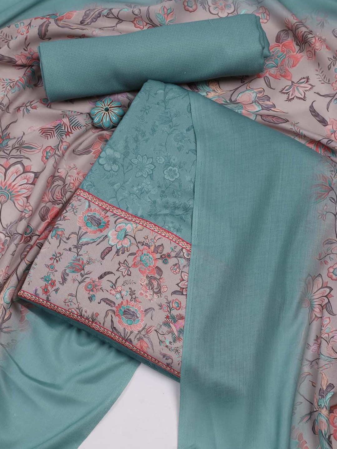 

Meena Bazaar Floral Printed Unstitched Dress Material, Sea green
