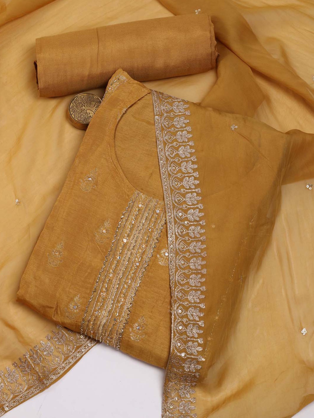 

Meena Bazaar Ethnic Motifs Woven Design Sequinned Unstitched Dress Material, Mustard