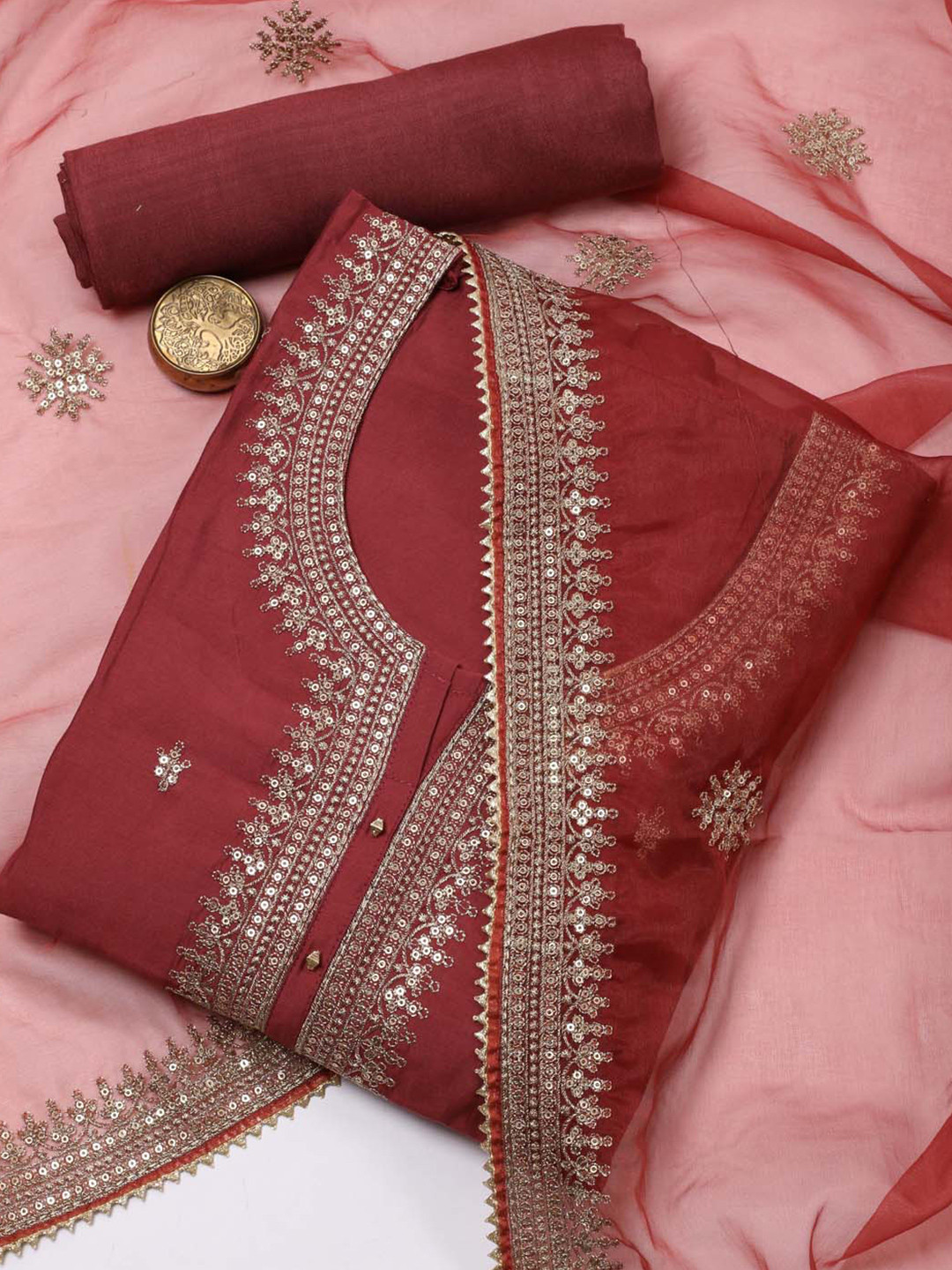 

Meena Bazaar Ethnic Motifs Embroidered Unstitched Dress Material, Rust