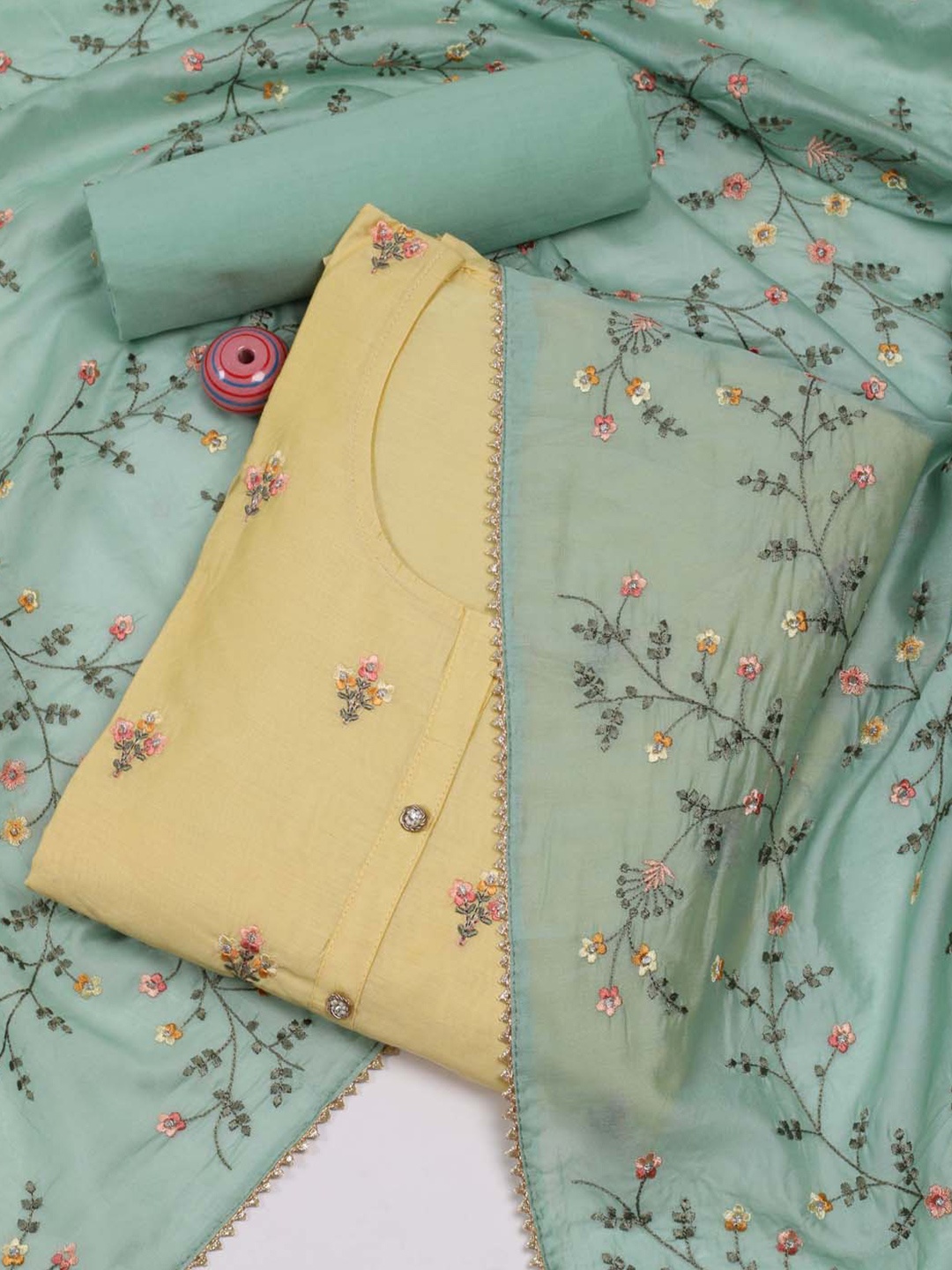 

Meena Bazaar Floral Embroidered Art Silk Unstitched Dress Material, Yellow